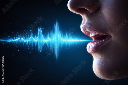 Person Speaking with Sound Wave Visualization, Voice Activated Technology, Blue Light Effect