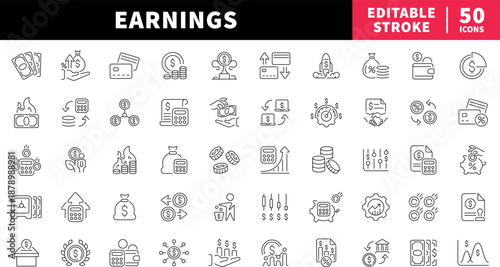 Earnings editable line icons set. Money, Income and finance symbols
