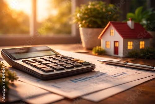 Home Finance Planning with Calculator and Documents on Wooden Desk