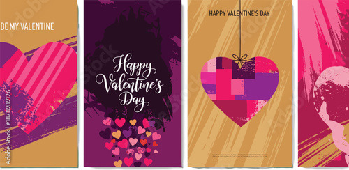 Vibrant collection of contemporary Valentine's Day greeting card designs, featuring abstract brush stroke hearts and expressive typography, perfect for romantic celebrations and heartfelt messages