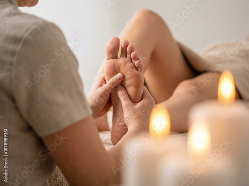 Therapist performing reflexology foot massage on client in relaxing spa atmosphere with candles