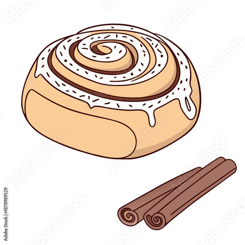 Cinnamon Roll with Icing and Cinnamon Sticks Vector Illustration