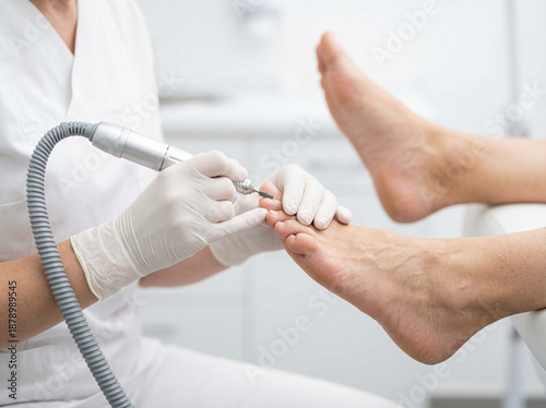 Professional podiatrist treating patient feet with electric nail file in medical clinic