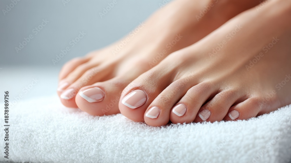 Naklejka premium Elegant French Pedicure on Resting Feet Relaxing in a Spa Setting with Soft White Towel Background