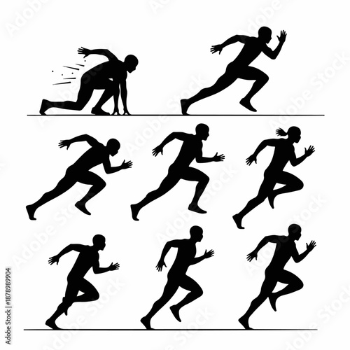 Dynamic set of running and sprinting silhouettes illustrating different phases of athletic movement and competition on a white background.