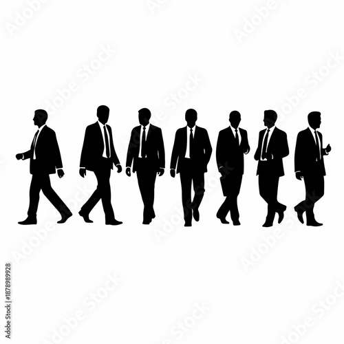 Black silhouettes of a group of walking businessmen and corporate executives in professional suits.