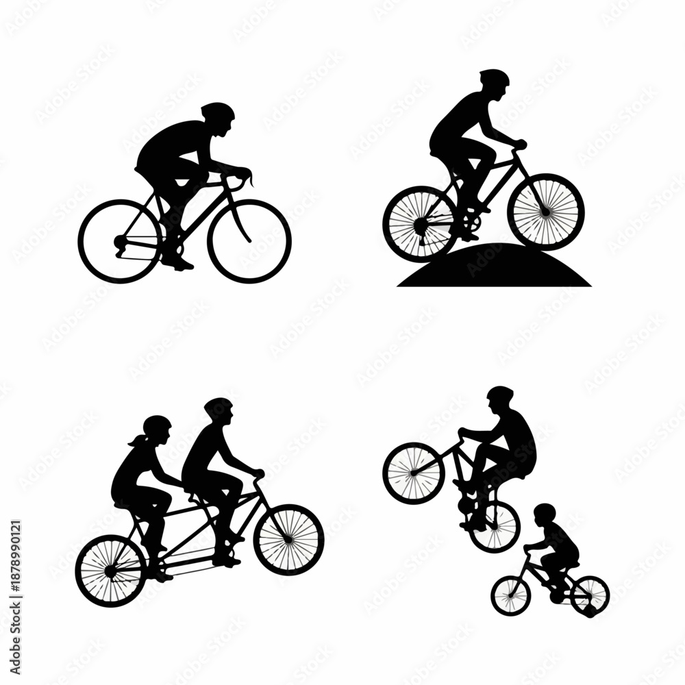 Fototapeta premium A collection of black silhouettes illustrating various cycling activities, including road biking, mountain biking, tandem riding, and freestyle cycling.