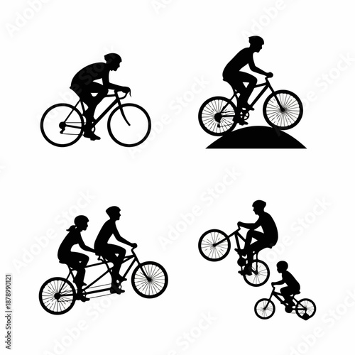 A collection of black silhouettes illustrating various cycling activities, including road biking, mountain biking, tandem riding, and freestyle cycling.