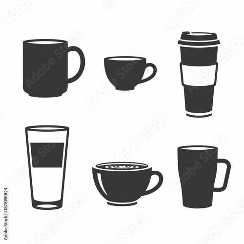 A collection of various drinkware icons, including coffee mugs, tea cups, takeaway cups, and a glass, representing different hot and cold beverages in a minimalist style.