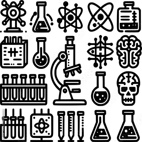 Science Icon Set: A comprehensive collection of science icons, featuring diverse equipment and symbols, representing the essence of scientific exploration and discovery. 