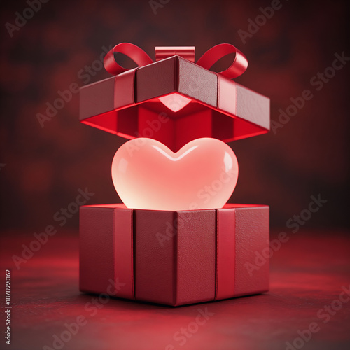 Red Gift Box With Heart. love gift, valentine concept, romantic surprise