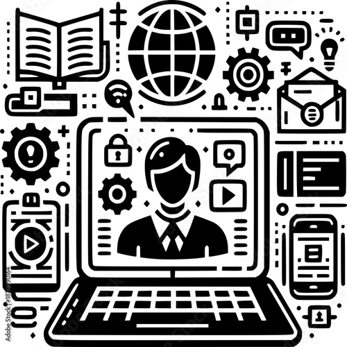 Digital connectivity and technological advancements. A comprehensive illustration showcasing digital elements and devices seamlessly integrated with a central laptop.