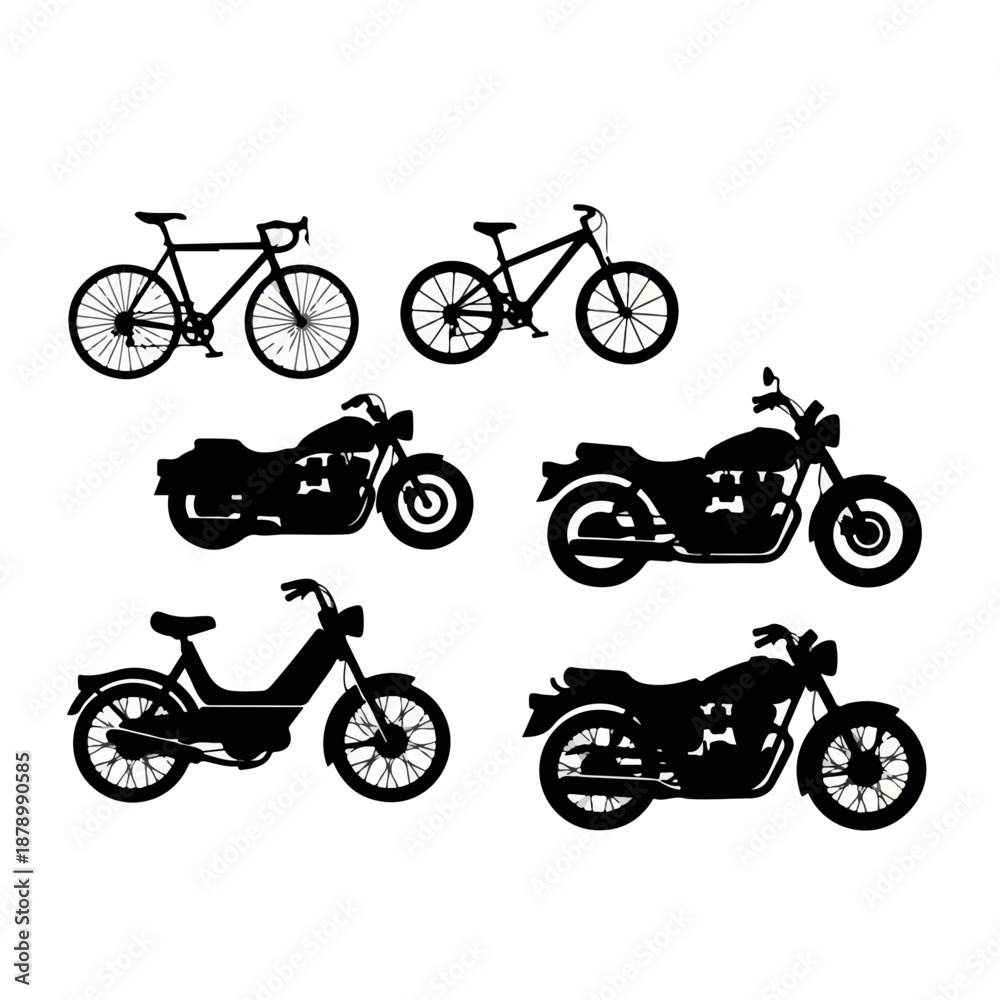 Fototapeta premium Black Silhouettes of Two-Wheeled Vehicles Collection: Bicycles, Motorcycles, and Mopeds Isolated on a White Background for Transportation Icons.