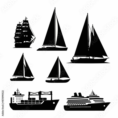 Set of black silhouettes featuring various marine vessels, including sailing yachts, a historic tall ship, a modern cruise liner, and a cargo container ship, isolated on white.