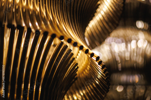 Golden Metal Lamps Close-Up with Warm Light and Bokeh