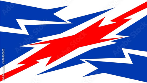 Vibrant red lightning bolt strikes through jagged blue and white graphic elements.