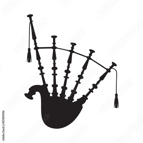 Silhouette of a traditional scottish bagpipe instrument in black and white
