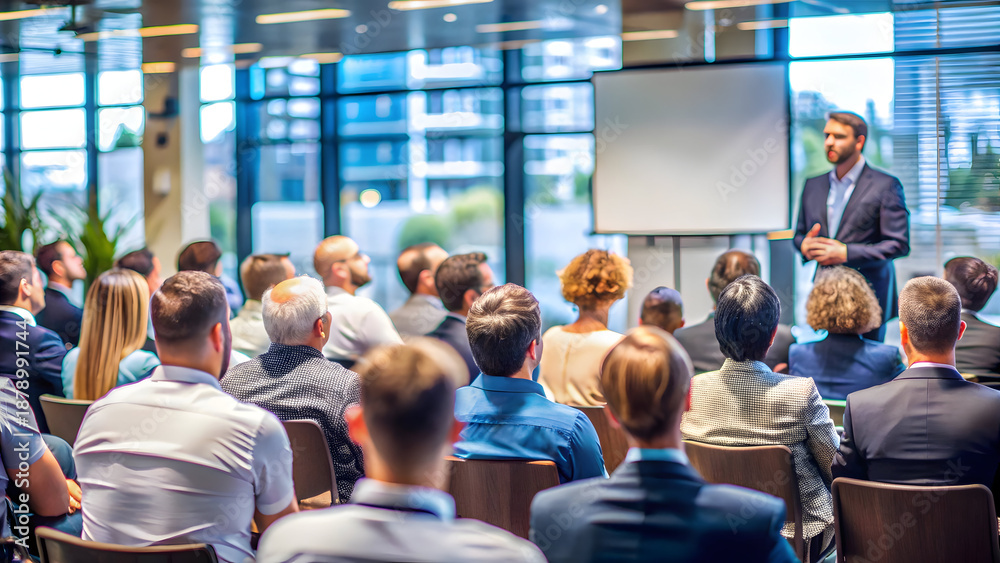 Fototapeta premium A man in a suit stands confidently in front of a whiteboard, addressing a diverse audience seated in a modern conference room with large windows.
