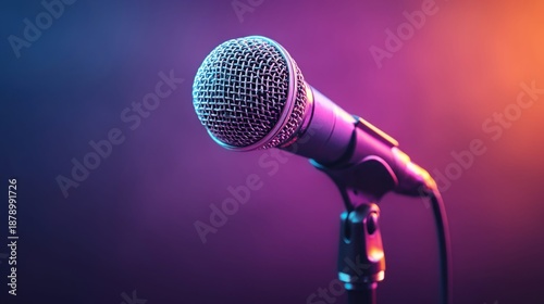 Professional microphone on a stand with colorful stage lighting and a blurred background