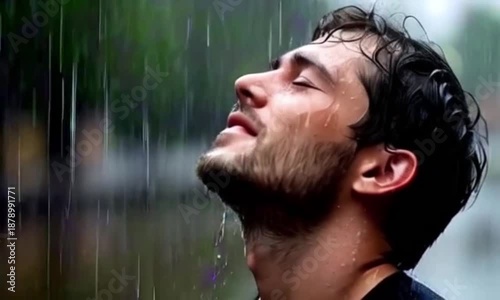 Soulful man standing in heavy rain with eyes closed and head tilted back, finding peace in the downpour. Captures raw emotion, vulnerability, and nature's purification.
