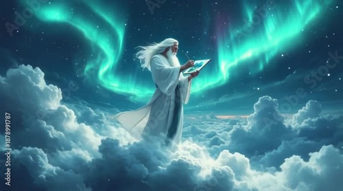 Wallpaper Mural Majestic wise sage in white robes standing atop fluffy clouds, painting on a glowing tablet beneath the vibrant aurora borealis. Inspires divine creativity and cosmic awe. Torontodigital.ca