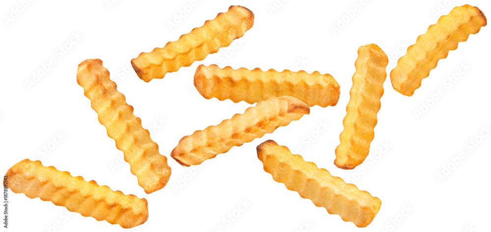 Naklejka premium Falling crinkle french fries isolated on white background, crunchy potato sticks, full depth of field