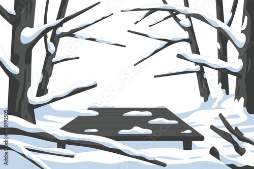 Minimalist Winter Forest Landscape with Snow-Covered Platform, winter nature concept
