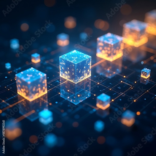 Digital infrastructure representation showing series of blue and orange glowing cubes on dark reflective surface indicating decentralized network architecture and data exchange protocols