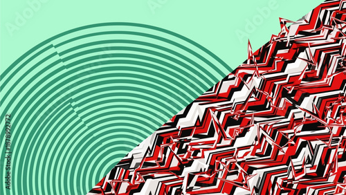 A futuristic illustration of abstract shapes with red, white, and green hues in a digital artwork background work.