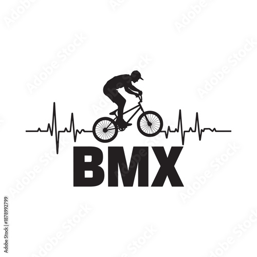 Silhouette of a bmx rider with a heartbeat line and text