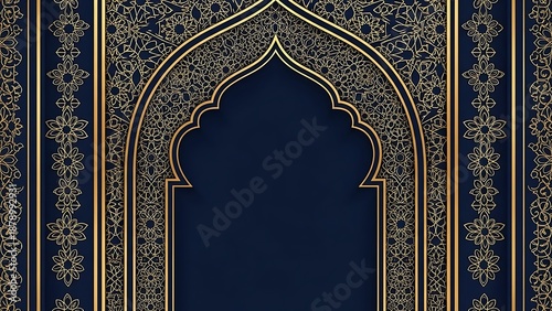 Elegant Gold Islamic Arch Pattern on Dark Blue Background for Ramadan or Eid Celebrations, Luxurious Ornate Vintage Decorative Frame Design