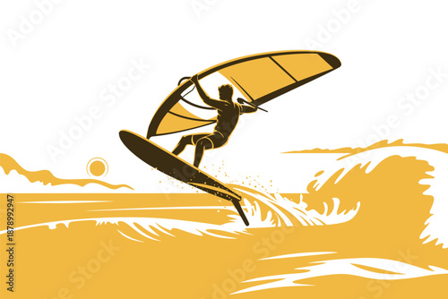 Dynamic Windsurfer Riding a Wave at Sunset, water sports adventure concept