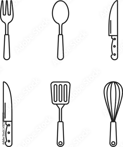 Collection of cutlery and cooking instrument icons for kitchen and dining