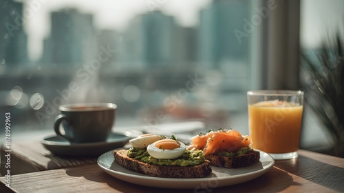 Healthy breakfast with avocado toast poached egg smoked salmon coffee and orange juice near window