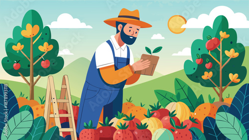 A farmer depicted with a bright red apple in hand