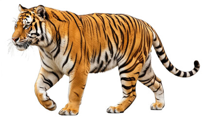 Majestic Bengal tiger in mid-stride highlighting its powerful build and vibrant orange coat