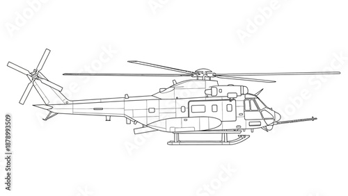 Detailed line drawing of a military helicopter in profile view.