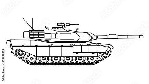 Detailed black and white illustration of a military tank with visible tracks and weaponry.