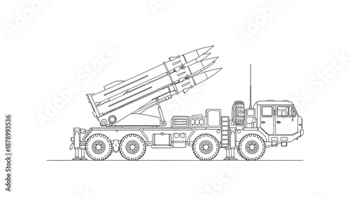 Military Missile Launcher Vehicle Line Art Illustration.