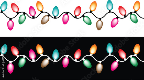 Colorful String Lights Border Isolated on White and Black Background, Festive Holiday Decoration