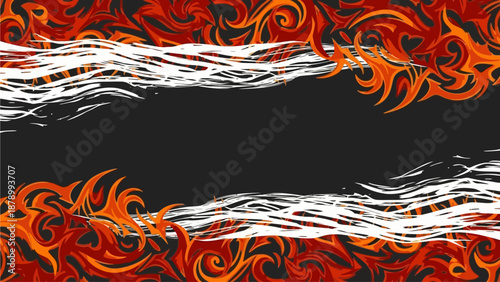 Vibrant orange and red flames dance across a black background work surface.