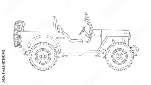 Line drawing of a vintage Jeep with spare tire and open doors.