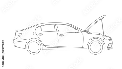 Line drawing of a car with the hood open.