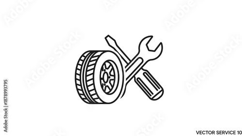 Simple line art illustration of a tire with a wrench.