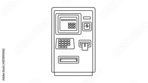 Simple line drawing of an ATM machine with various interface elements.