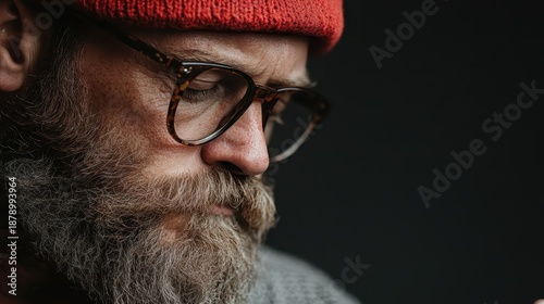 A thoughtful man with glasses and a red beanie reflects deeply, showcasing the blend of intellectual curiosity and artistic expression against a dark, moody backdrop.