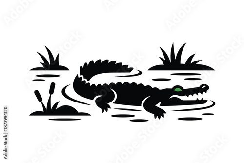 Stylized Black Alligator in Water with Green Eyes, wildlife illustration concept