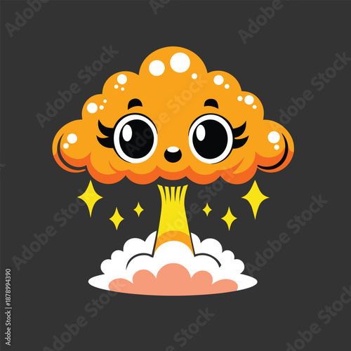 A cheerful cartoon explosion cloud character with sparkling innocence and big expressive eyes