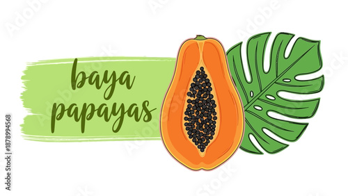 Vibrant illustration of a cut papaya with leafy greens and baya branding