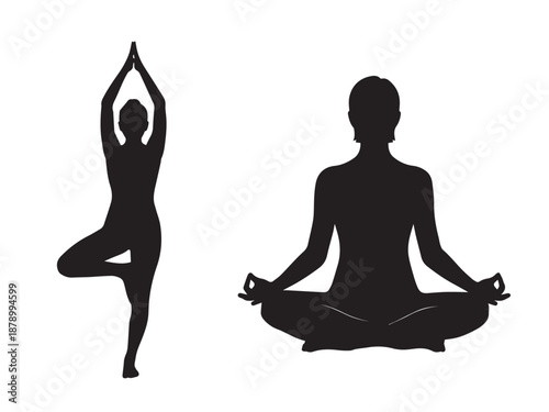 Silhouettes of individuals practicing calming and balancing yoga postures